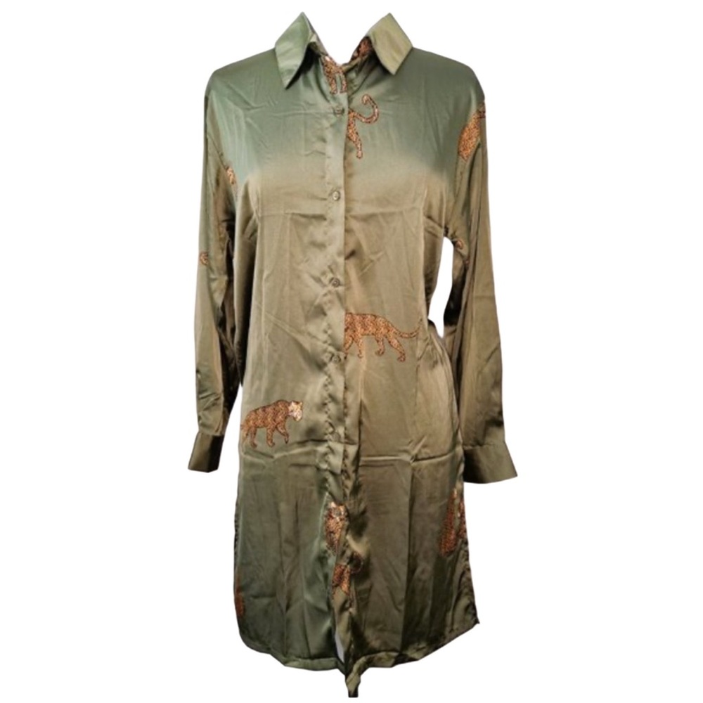 Jon & Anna Olive Green Animal Print Long Sleeve Shirt Dress Size L